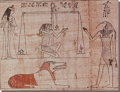 Wegen van het Hart ceremonie, dodenboekpapyrus van Tajoeheryt, Rijksmuseum van Oudheden, Leiden