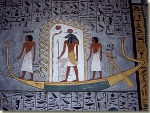 Ra in zijn nachtbark in een voorstelling uit het Poortenboek KV 16 van Ramses I, Dal der Koningen.