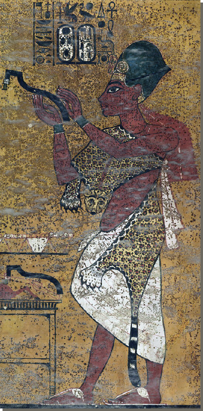 Eje als sem-priester, vachtpatroon van een luipaard, kop van een jachtluipaard, graf van Toetanchamon  (KV 62).